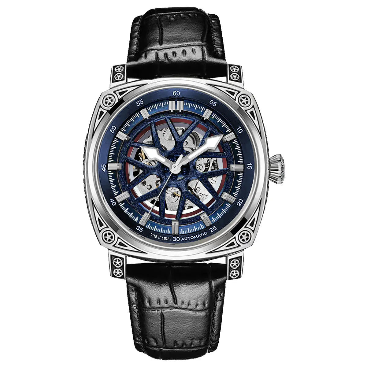 Stainless steel automatic mechanical men's watch with leather strap in blue, black, rose white or white colour options