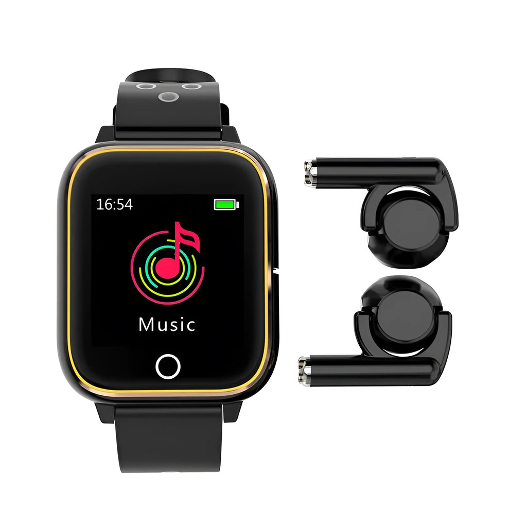 Black smart watch with integrated Bluetooth earbuds showing fitness tracking display