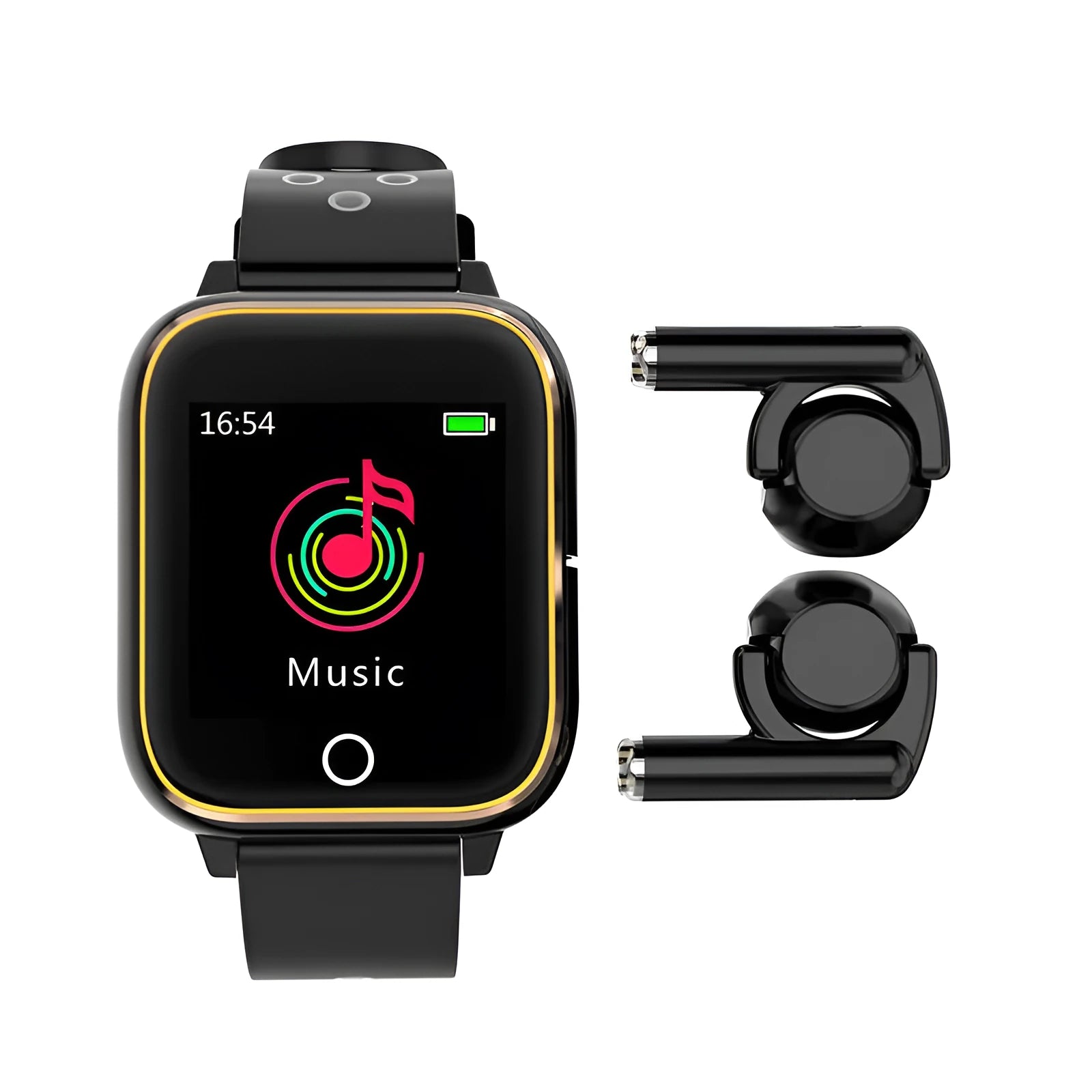 Black smart watch with integrated Bluetooth earbuds showing fitness tracking display