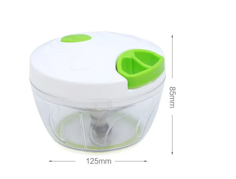 Green manual kitchen chopper with lid, three stainless steel blades visible inside 500ml bowl.
