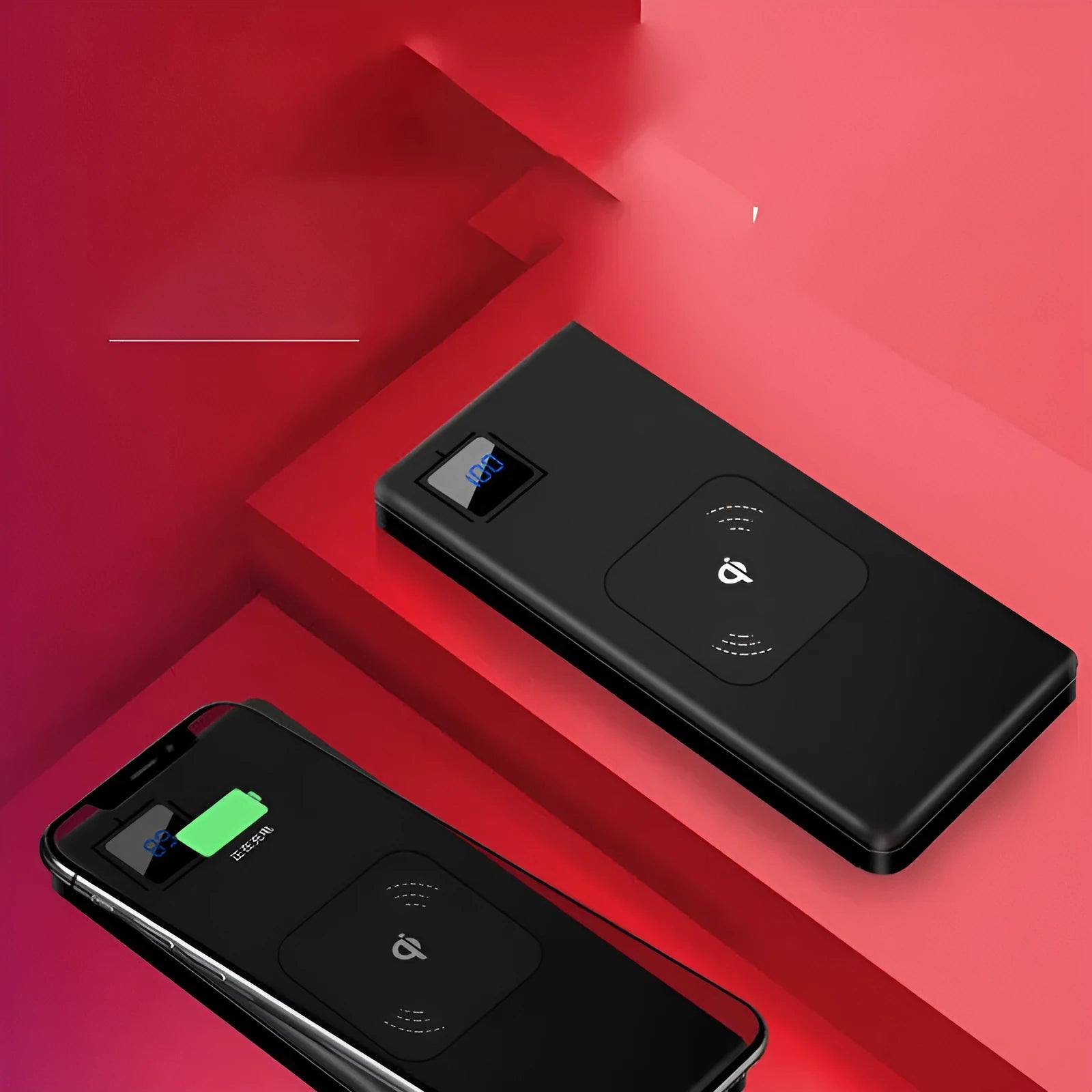 Silver alloy portable power bank with LCD display showing battery percentage, next to a smartphone.