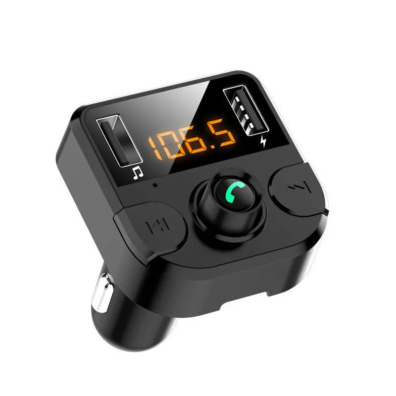 Black BT36B car Bluetooth MP3 player with 1.1-inch screen, plugged into a cigarette lighter.