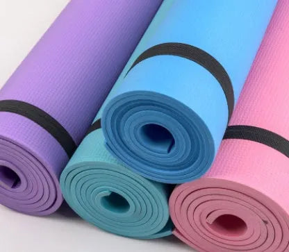 Red EVA fitness yoga mat showing its texture, with a 4mm thickness edge visible.