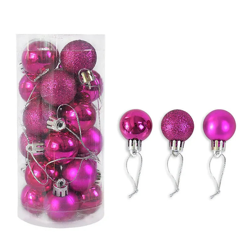 Assortment of shiny matte finish 3cm Christmas ball ornaments in gold, red, silver, and blue colours.