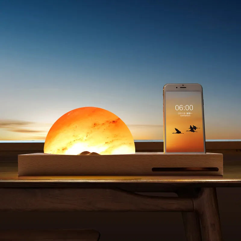 Wireless charging table lamp with natural crystal salt shade on solid beech wood base