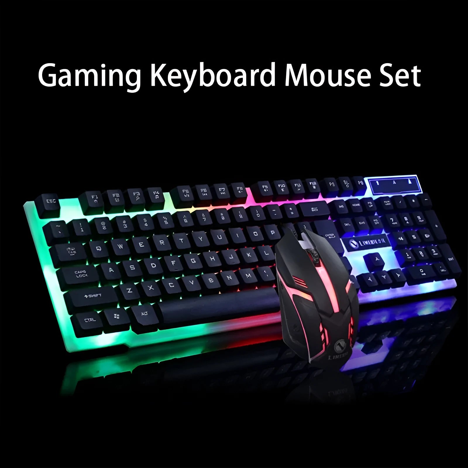 GTX300 black and white wired USB gaming keyboard and mouse set with backlit keys on a desk