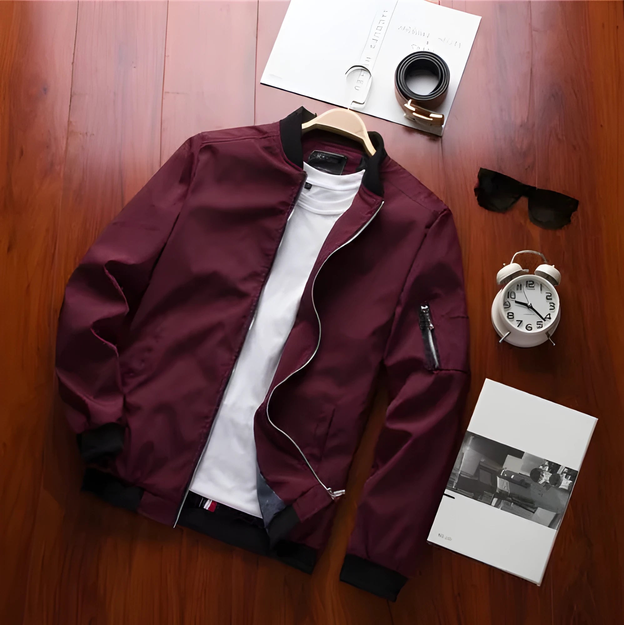 Men's slim-fit red casual baseball jacket with front zipper and side pockets.