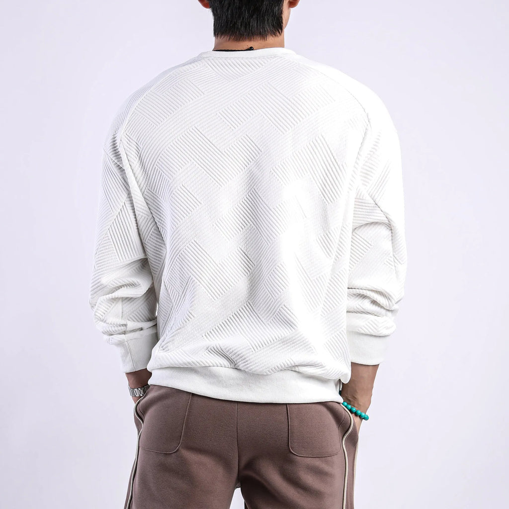 Men's loose fit twill jacquard pullover sweater in Army Green colour showing round neck and long sleeves