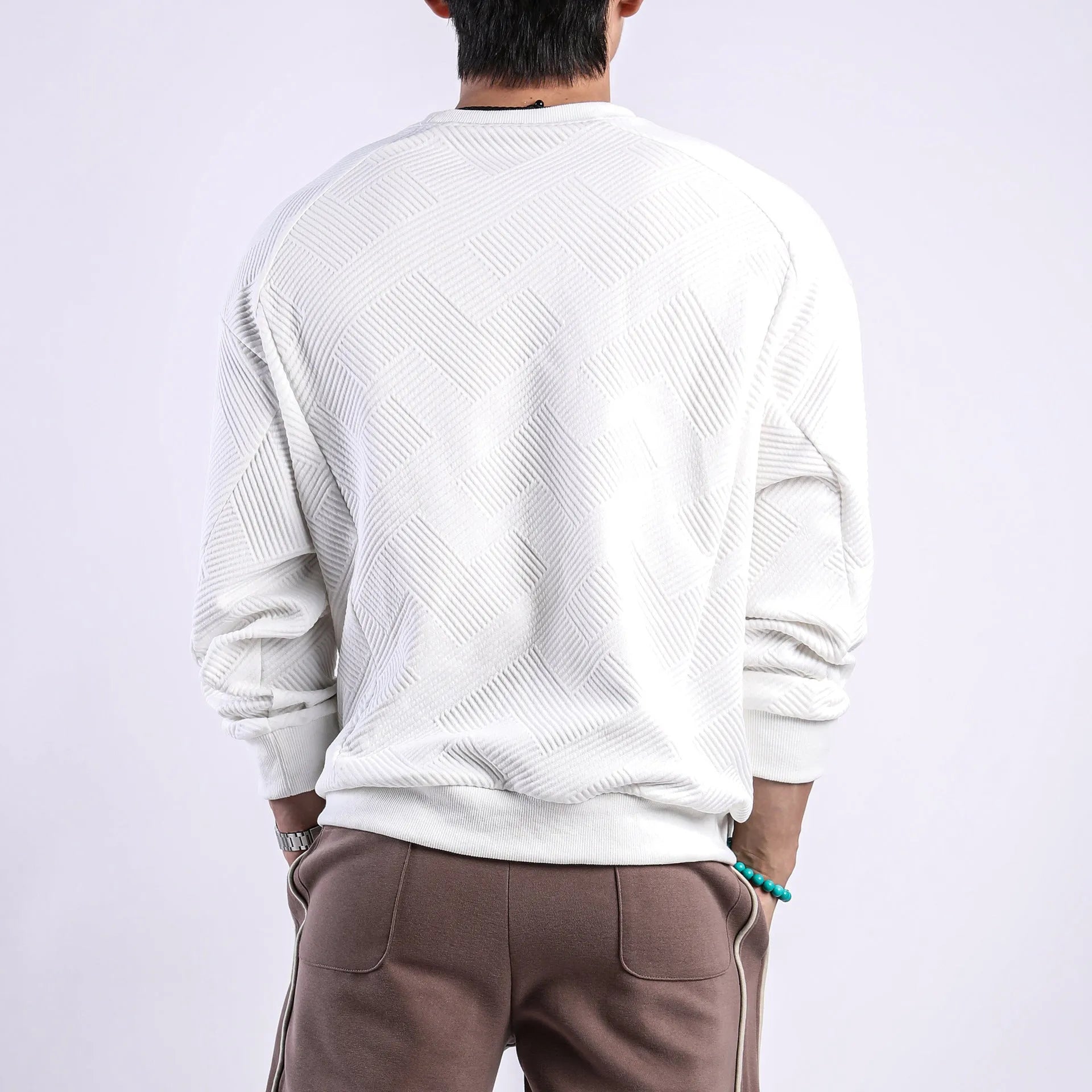 Men's loose fit twill jacquard pullover sweater in Army Green colour showing round neck and long sleeves
