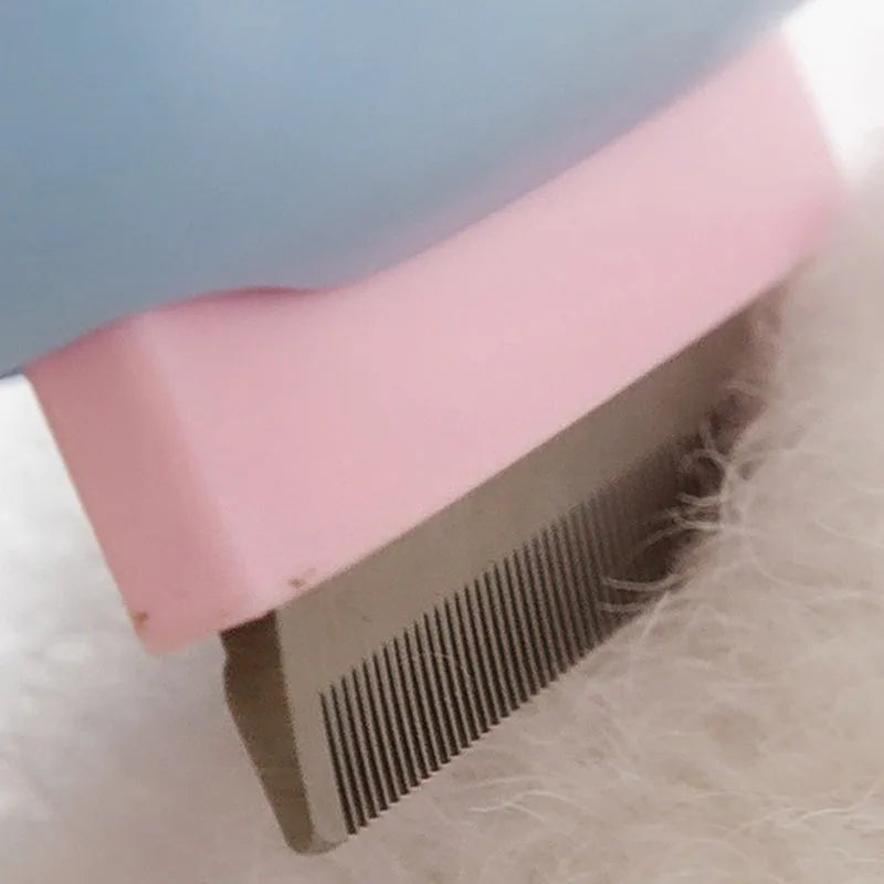 Blue dual-sided deshedding brush and dematting comb for large dogs and cats on a white background.