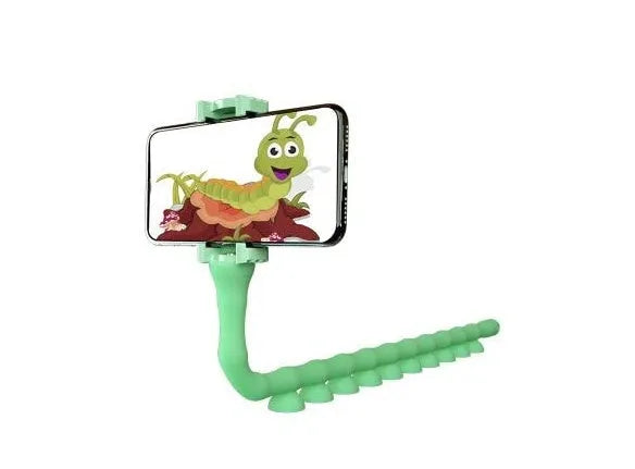 Flexible black suction cup phone holder bent into position on a desktop