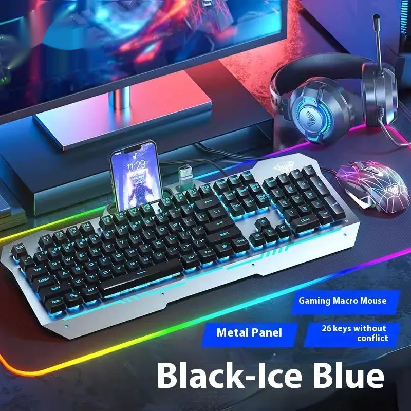 Metal mechanical keyboard bundle with gaming mouse, headset, and optional mouse pad on a desk.