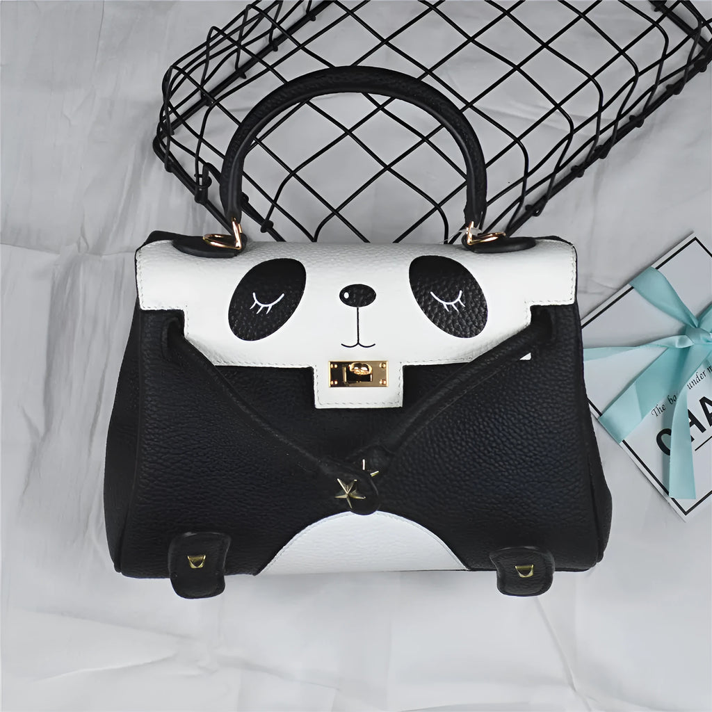 Panda print cowhide leather handbag in horizontal square shape with sweet lady animal pattern