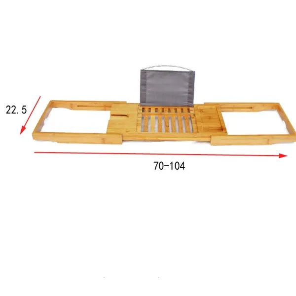 Bamboo desktop storage shelf for bathroom organisation next to bathtub