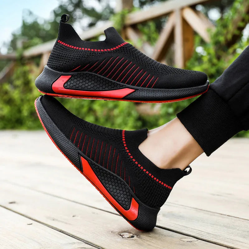 Men's mesh sock shoes with striped design, lightweight slip-on sneakers in black colour