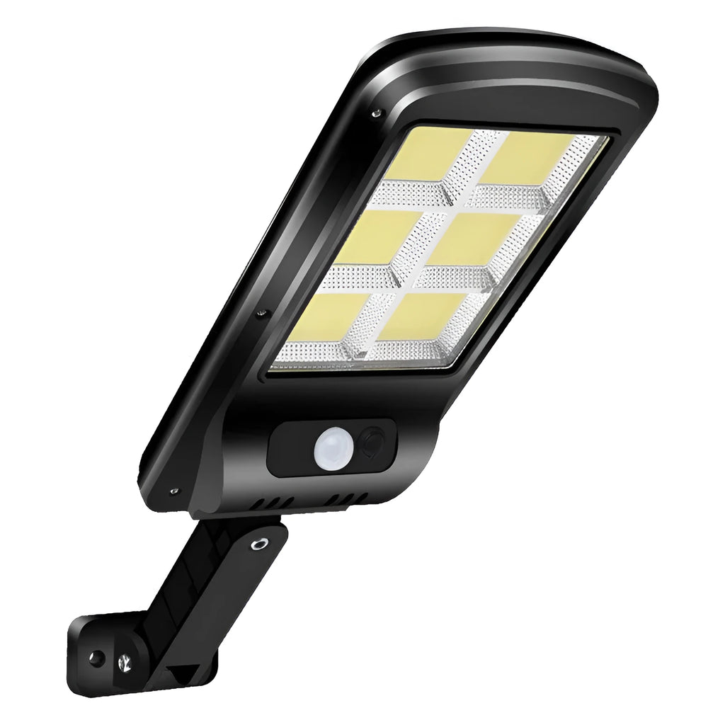 Black solar-powered outdoor street light with motion sensor for garden and driveway illumination