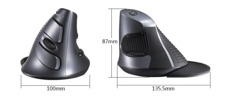 Black and white wireless vertical ergonomic computer mouse with scroll wheel.