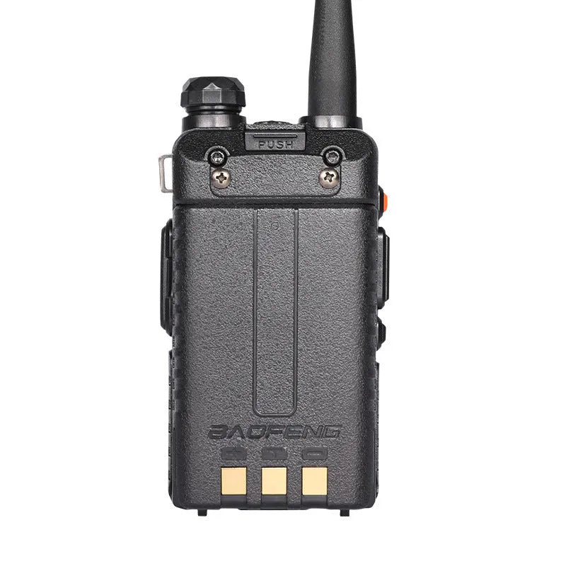 Professional black walkie talkie with LCD display showing dual-band VHF/UHF frequency operation