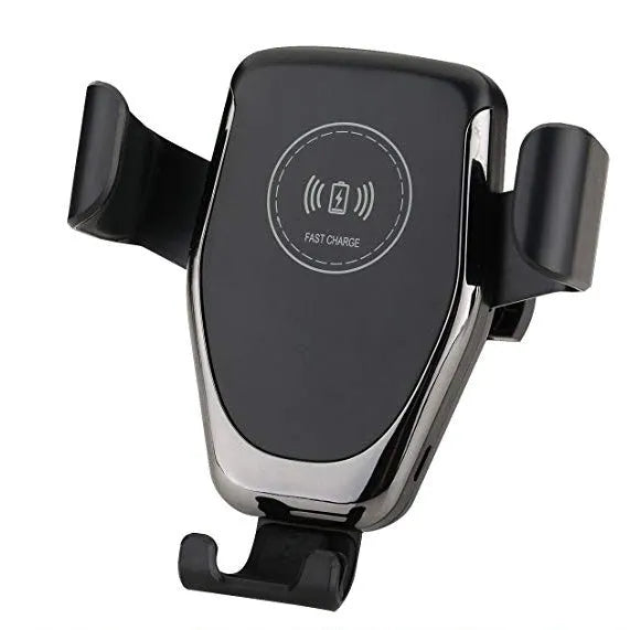 Black wireless car charger with phone clamped, mounted on a car ventilation vent.