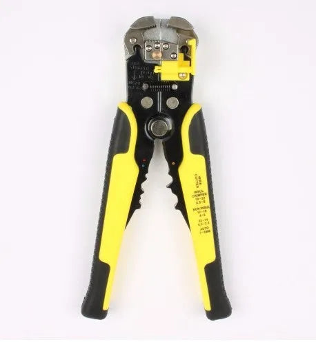 Yellow metal 3-in-1 automatic wire stripper crimping plier with cutting jaws for electrical cable work