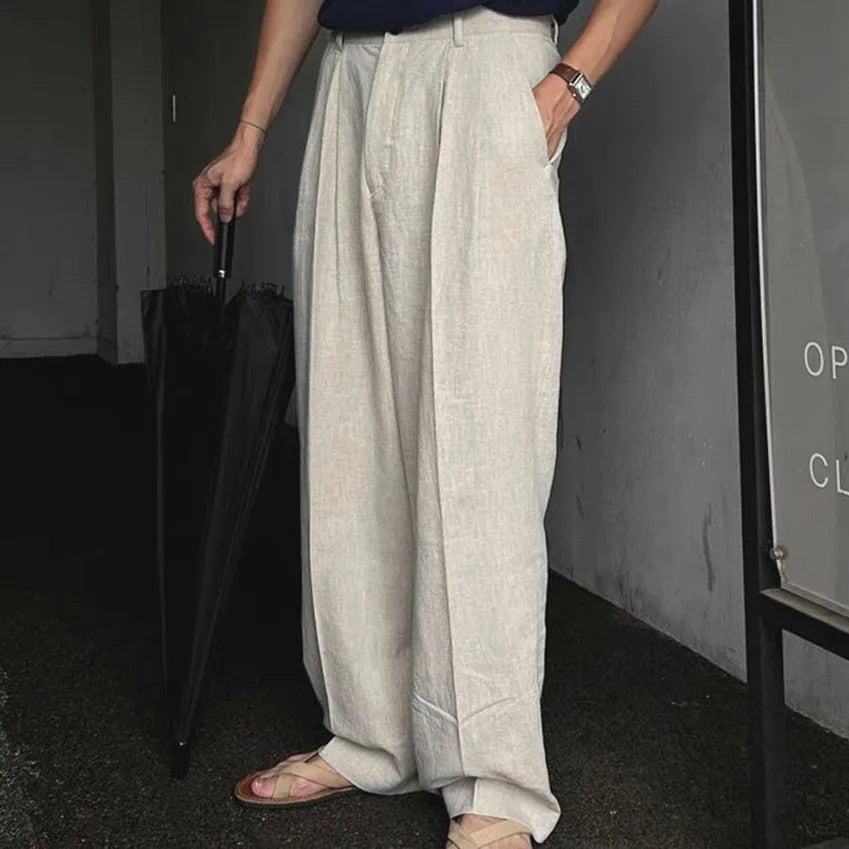 Men's wide-leg cotton linen trousers in apricot colour with elastic waist and pencil leg opening