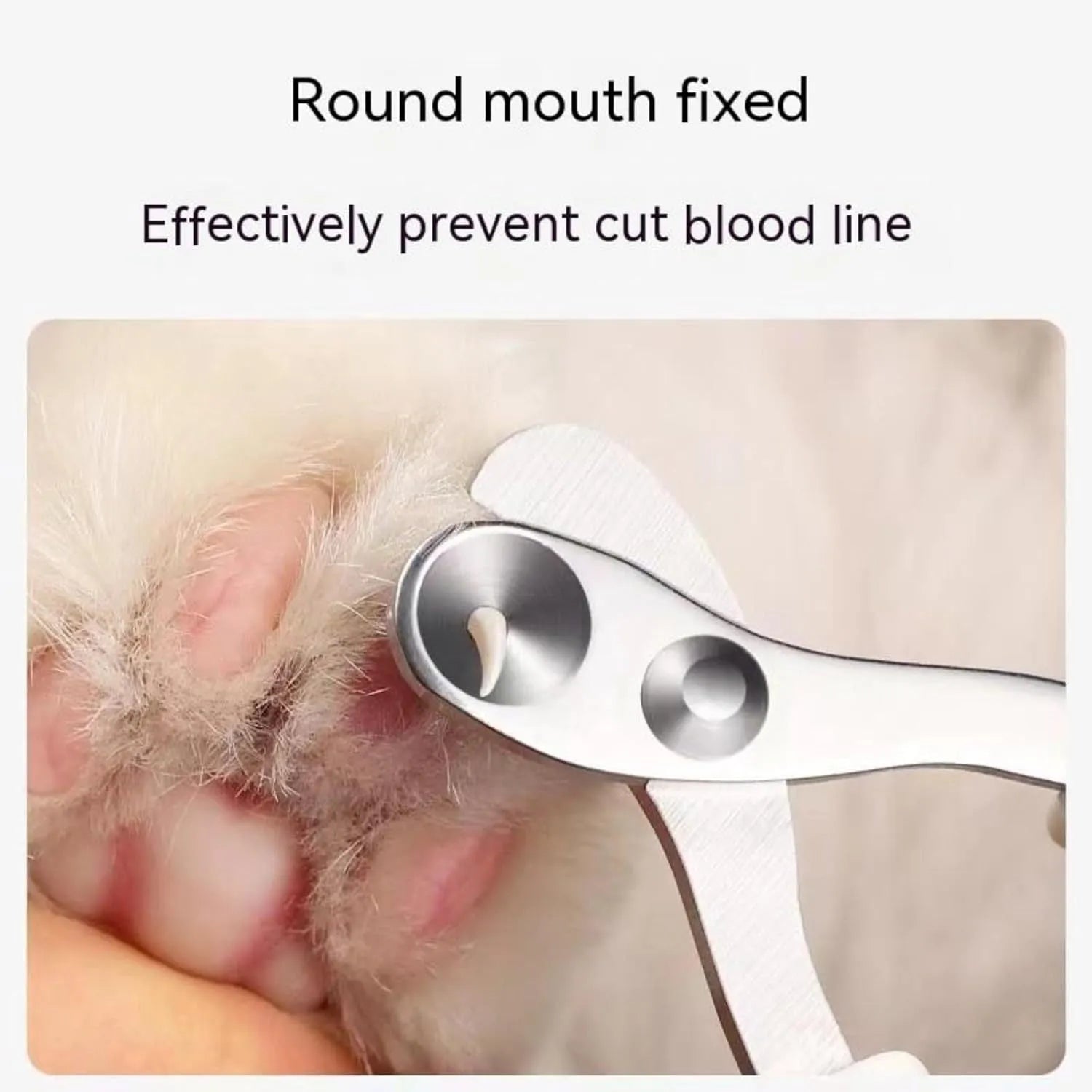 Blue pet nail clippers with circular cut hole and non-slip grip handles on a white background