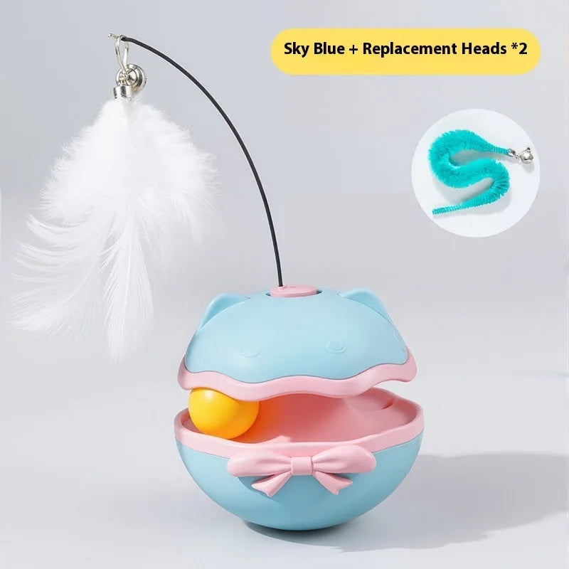 Electric cat toy tumbler with self-moving action and teaser wand attachment in plastic construction