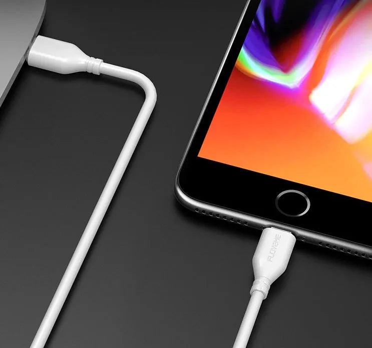 White USB-C to Lightning charging cable for iPhone showing reinforced connector ends and 1.2 metre length