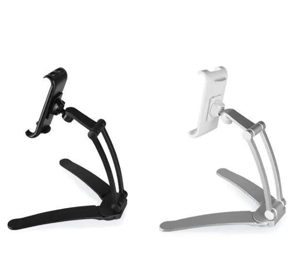 Silver aluminium alloy tablet stand with white mount and adjustable clip on a desktop