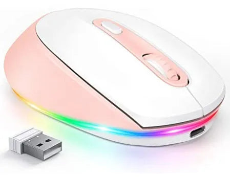 24g rechargeable wireless mouse in various colours showing ergonomic shape and USB cable