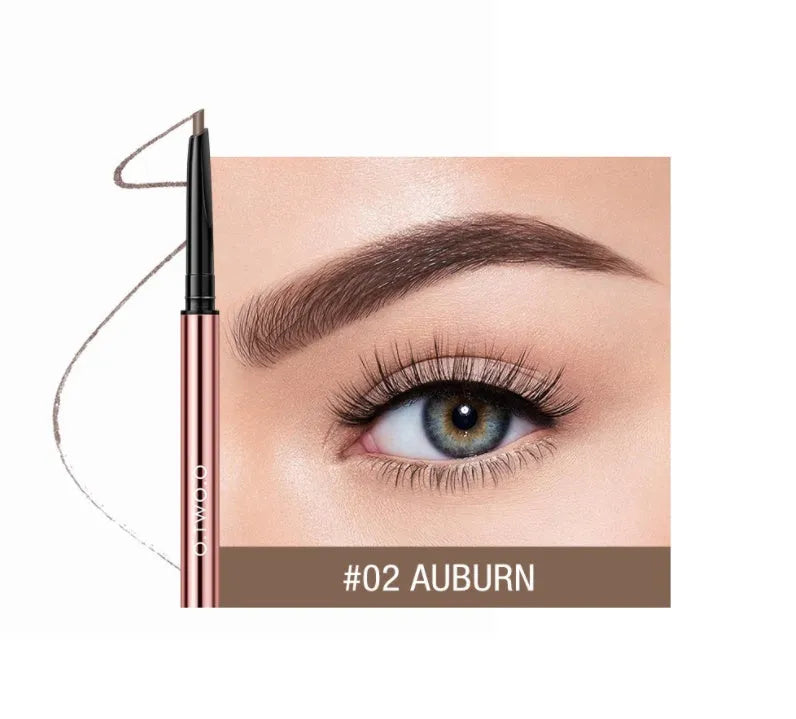 Square-shaped eyebrow pencil in colour box with Auburn, Blonde, Caramel, Dark Brown, Soft Brown, Taupe shade options.