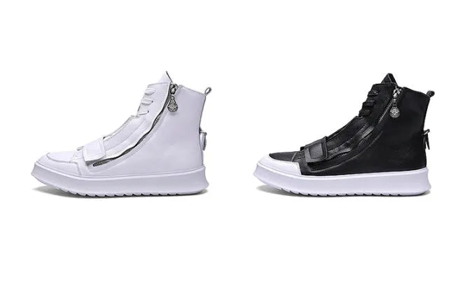 Black and white PU leather men's winter ankle boots in a high-top sneaker style on a size chart.