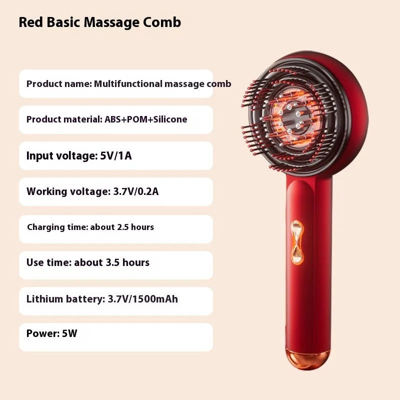 Black and red rechargeable massage hair comb with red and blue light therapy functions