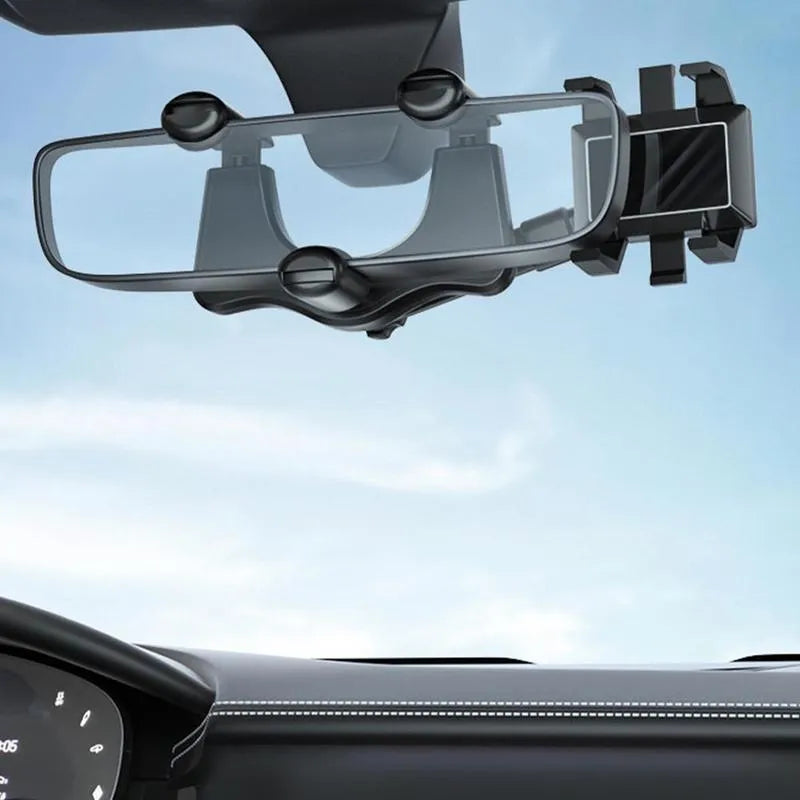Black rearview mirror phone holder with telescopic arm and 360-degree rotation mechanism