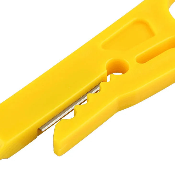 Yellow handheld mini wire stripper tool showing 0.6mm stripping diameter for electrical cables