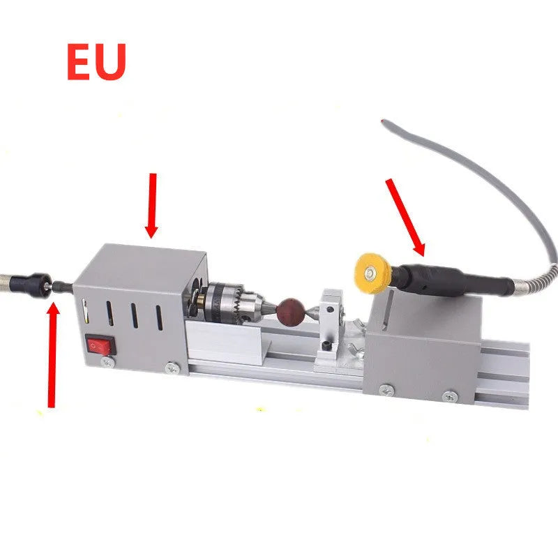 Mini metal silver woodworking lathe with carving knives and accessories for small craft projects