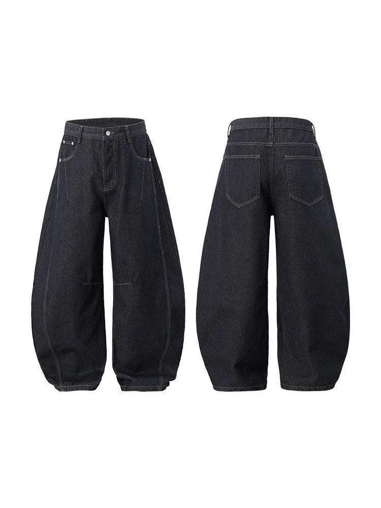 Men's wide leg denim trousers in original cow colour showing full length and relaxed fit