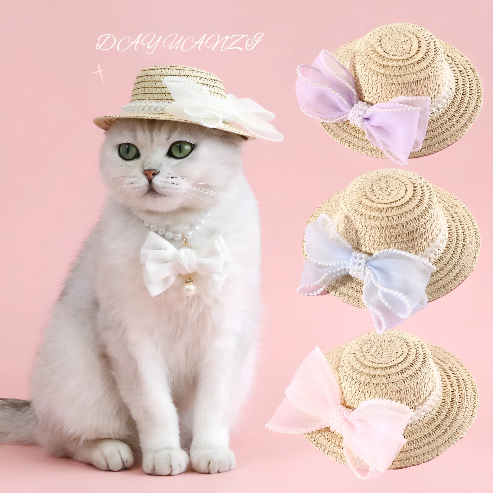 Woven straw hat for cats with pearl bow decoration in princess style