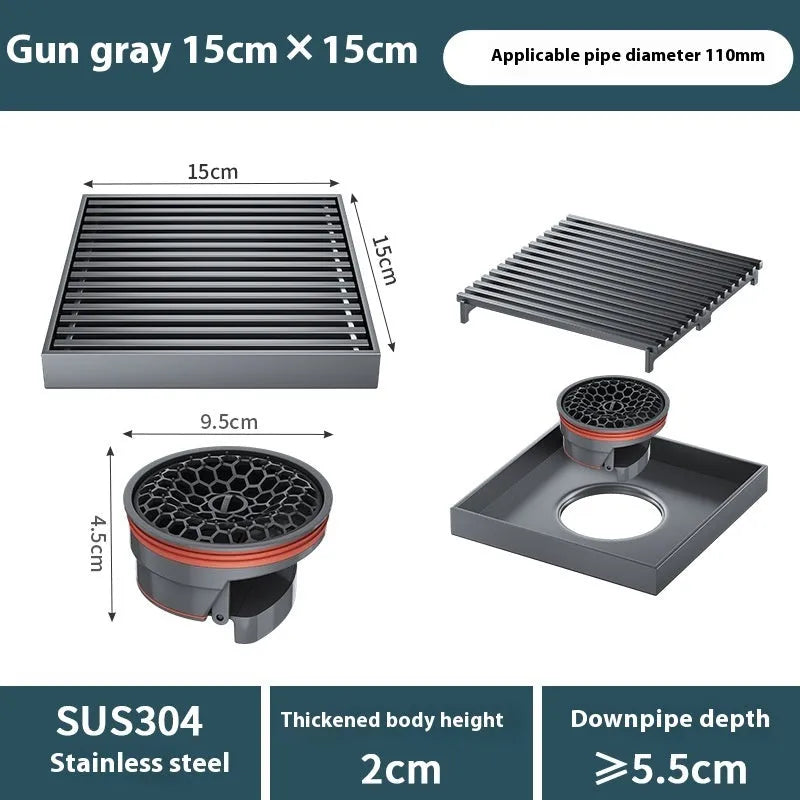 304 stainless steel courtyard deodorant floor drain with 15x15 cm gun grey square grating