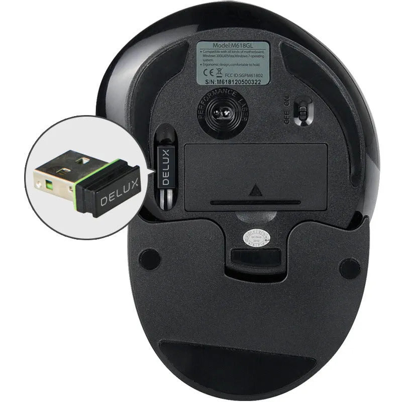 Black and white wireless vertical ergonomic computer mouse with scroll wheel.