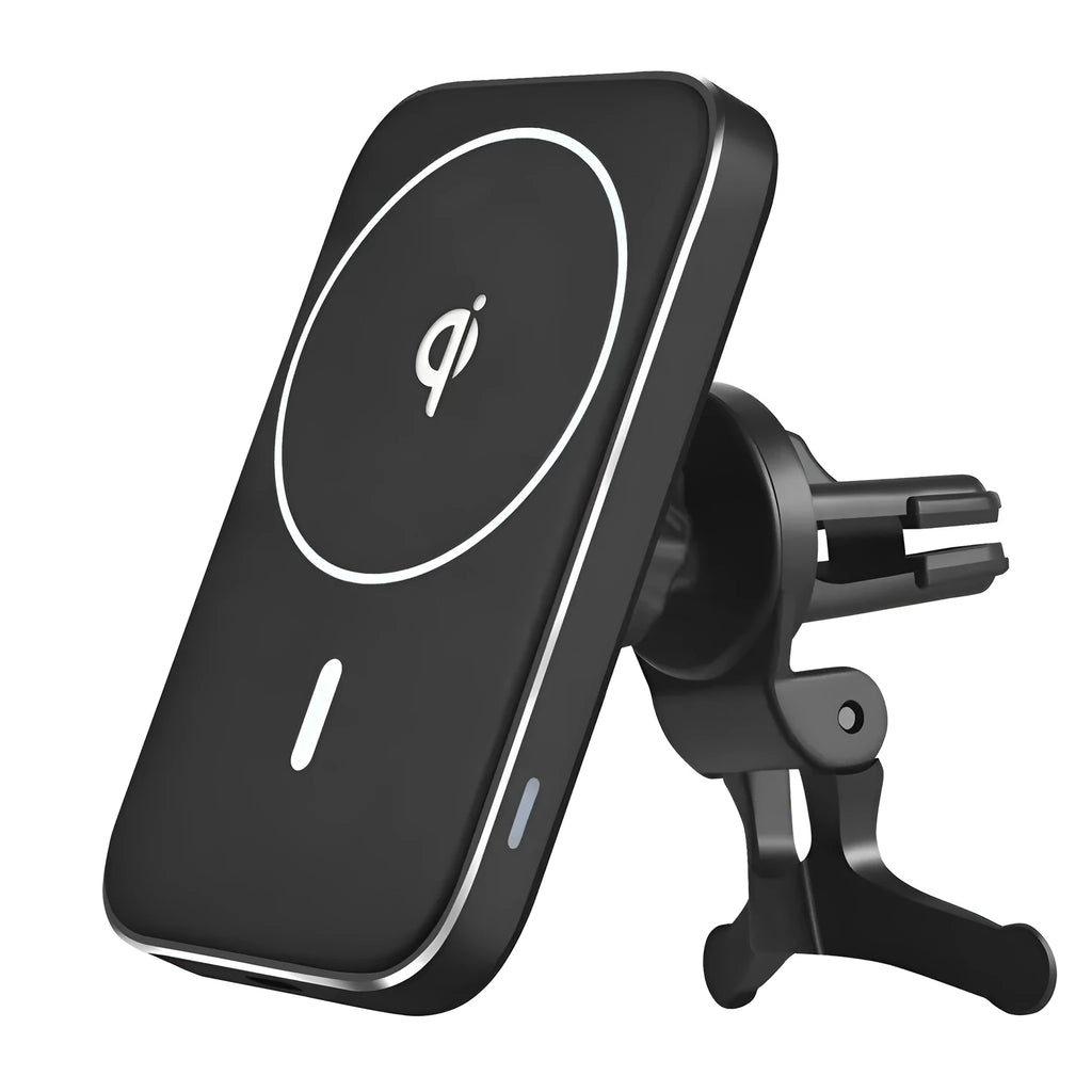 Black M6 magnetic wireless charging car phone bracket mounted on dashboard