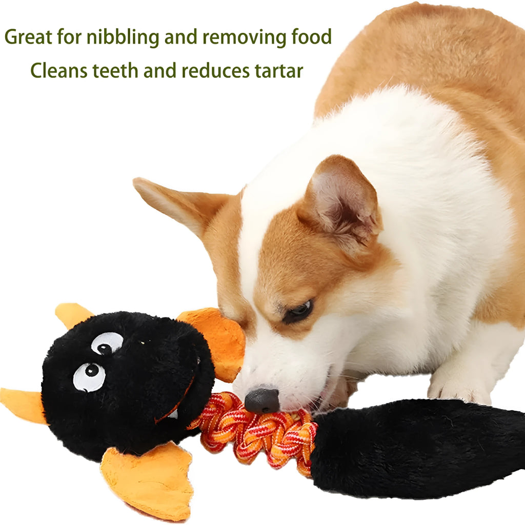 Plush dog toy with cartoon shape, rope knot, in black, green, or red on white background.