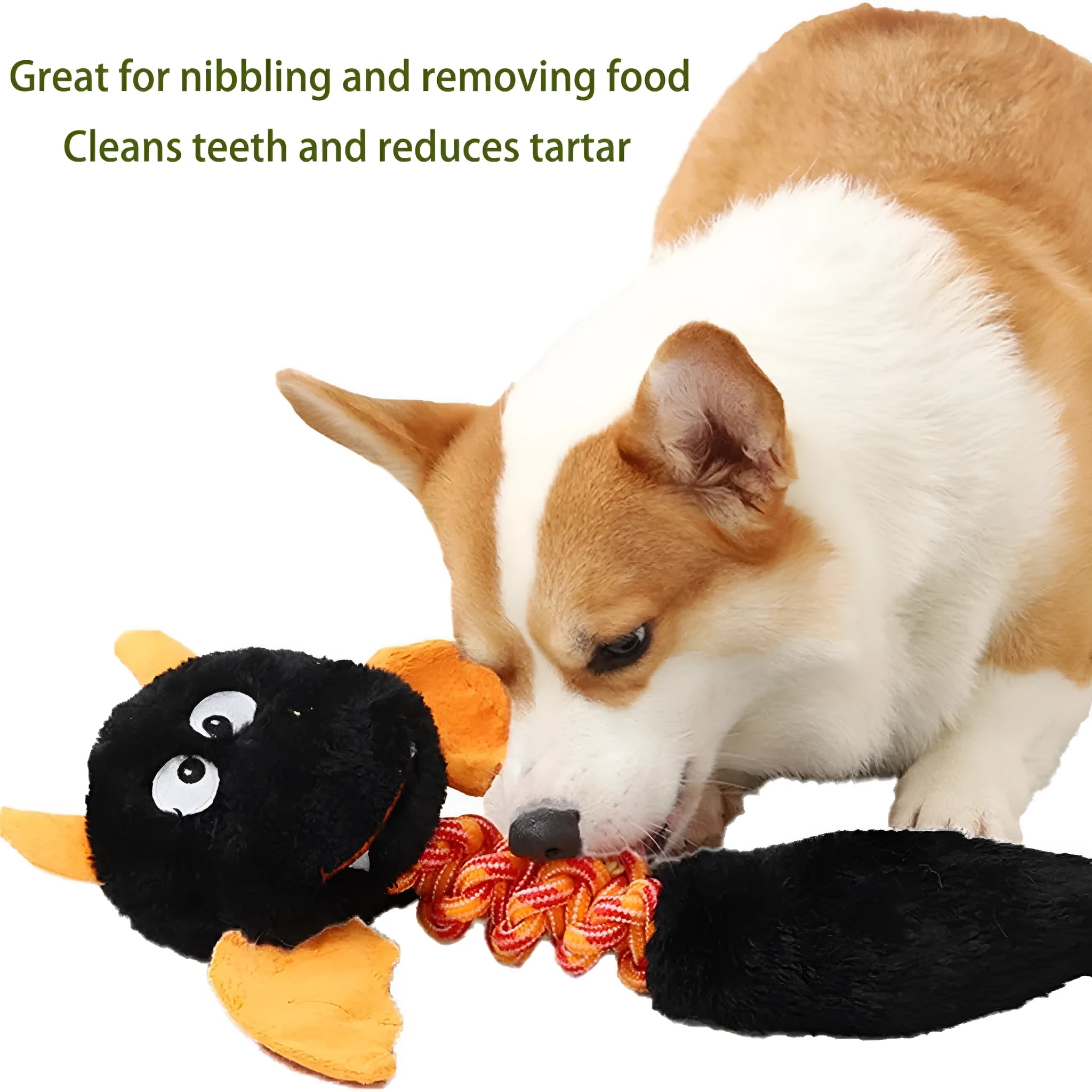 Plush dog toy with cartoon shape, rope knot, in black, green, or red on white background.