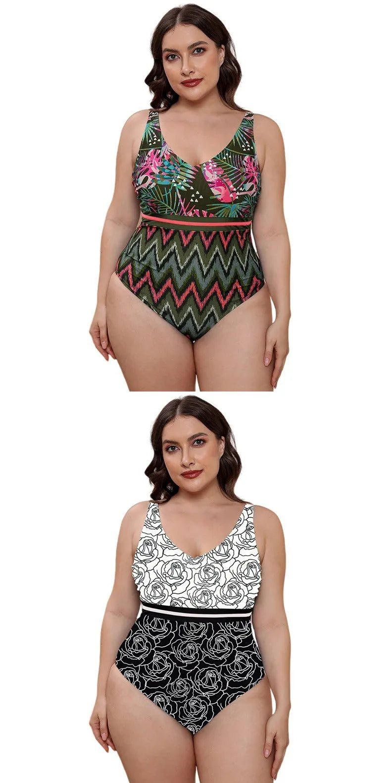 Blue and white printed one-piece swimsuit for women with spaghetti straps, shown on a mannequin.