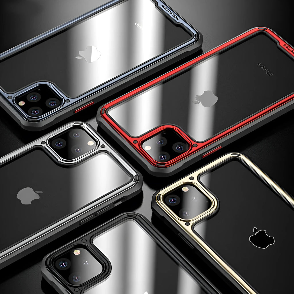 Transparent silicone iPhone 11 case showing back cover design in six colour options