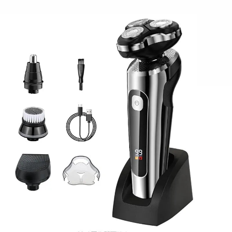 Digital USB rechargeable beard trimmer with LED display on its five-in-one base bracket
