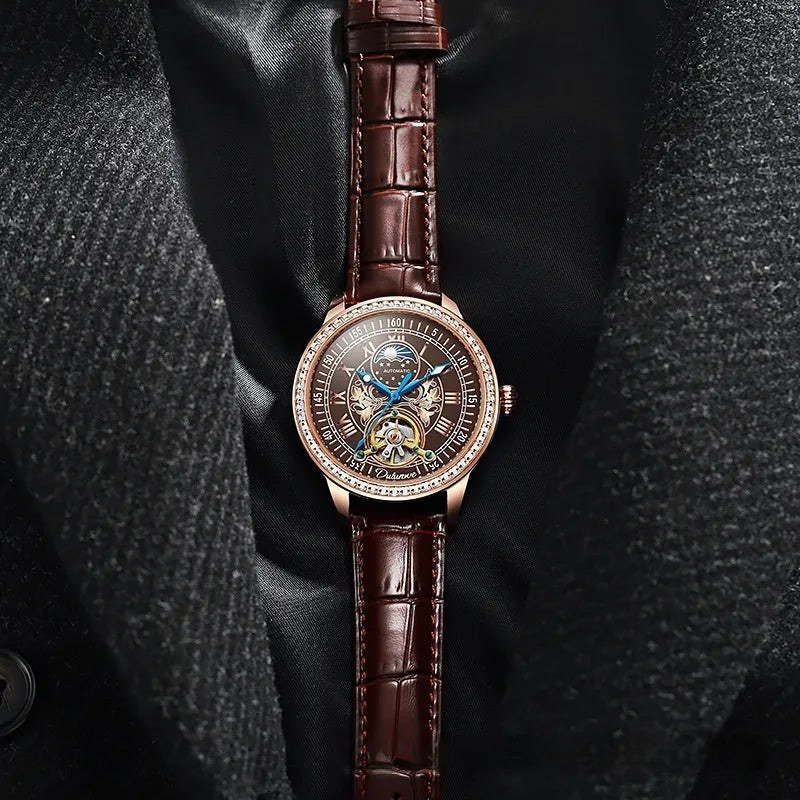 Men's stainless steel mechanical watch with round dial, transparent case back, and butterfly buckle