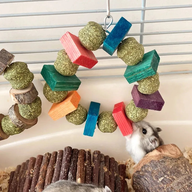 Hamster chew toy with a straw ball ring and natural applewood molar rod on a white background.