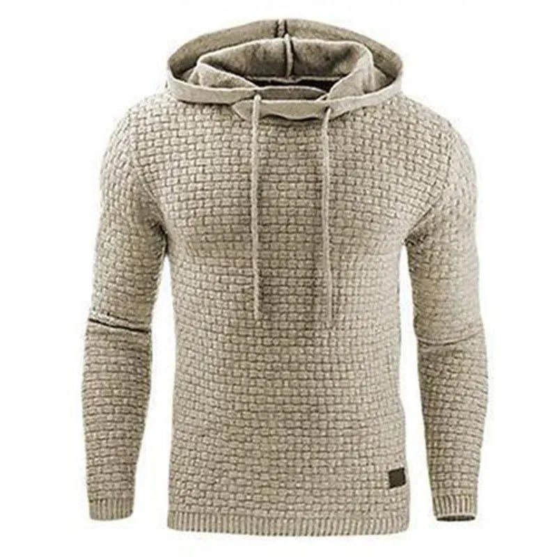 Men's black cotton-polyester blend hooded sweatshirt on a hanger.