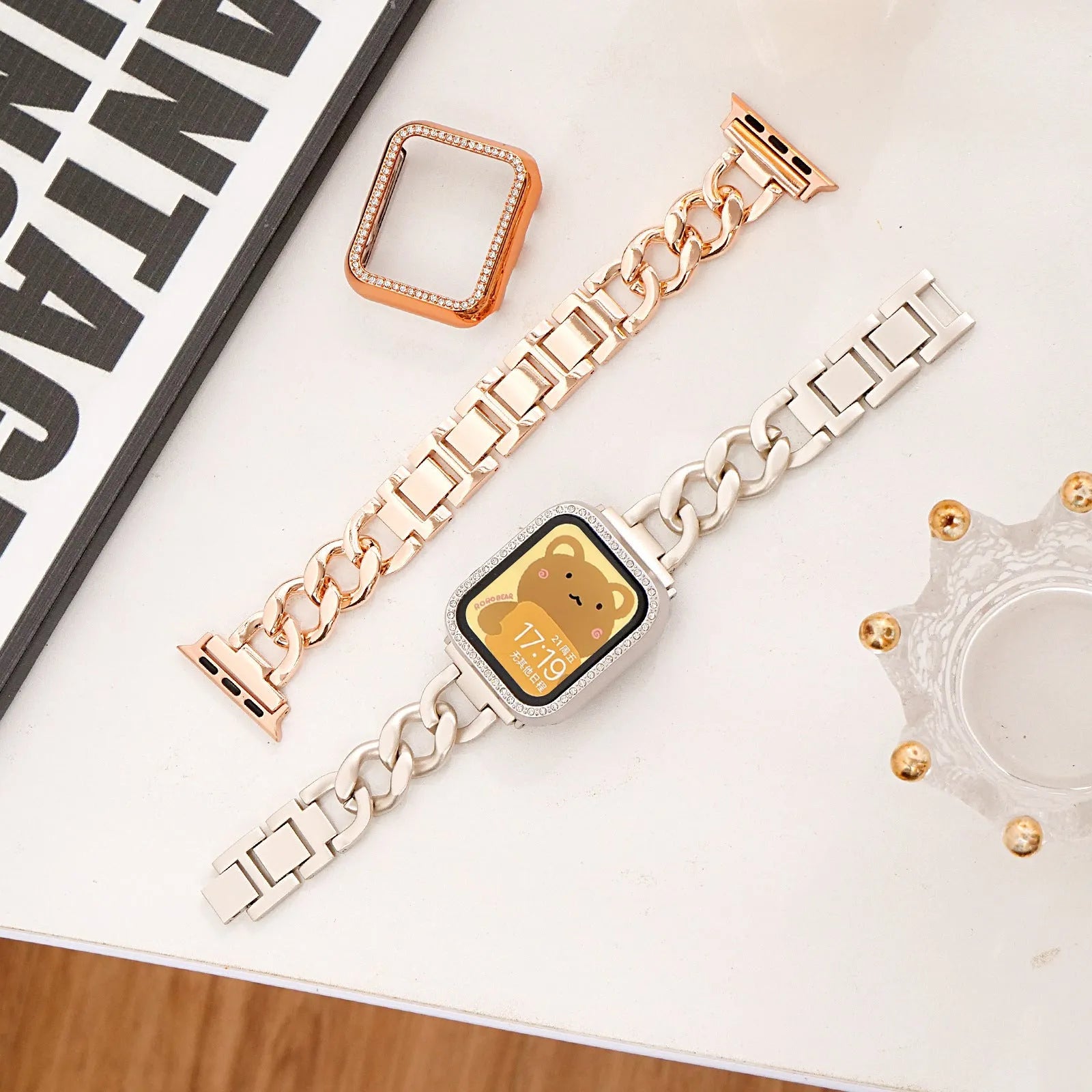 Denim chain link metal Apple Watch replacement strap in silver, black, gold, rose gold, and Starlight colours.